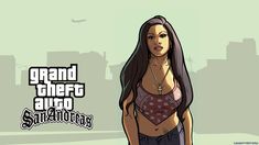 a woman with long hair standing in front of a green background and text that reads gta san antonio