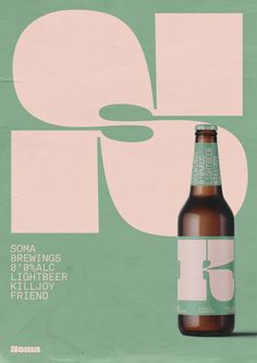 a bottle of beer sitting on top of a green and white poster with the word q