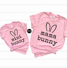 MOMMY AND ME Easter Outfits, Family Matching Easter Shirts, Mommy and Me Matching Easter Outfits, Girls Easter Bunny Shirt, Simple Family This listing is for ( 1 ) Bella Canvas t-shirt of your choice in adult Unisex or Kids Unisex sizes.  To order MULTIPLES, add to cart one at a time. (*other brands occasionally when necessary for stock issues) Adult shirts are available in the following colors: Berry, Pink, Yellow, Heather Gray, Mint, Lavender, Turquoise Kids shirts are available in the followi Fun Cotton Tops For Easter, Playful Pink Tops For Mother's Day, Cute Graphic Print Tops For Easter, Pink Graphic Print Top For Easter, Pink Family Matching Shirt With Letter Print, Pink Printed Tops For Mother's Day, Playful Tops With Name Print For Mother's Day, Matching Pink Tops With Letter Print, Playful Tops With Funny Print For Mother's Day