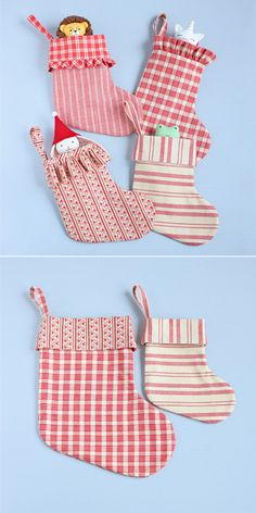 three different pictures of christmas stockings with santa hats and mittens on them, one in red and white checkered fabric