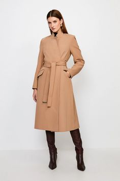 Compact Stretch Notch Neck Belted Coat | Karen Millen Luxury Brown Wool Coat For Fall, Modern Wool Coat For Winter, Beige Wool Coat For Tailoring, Beige Wool Coat For Winter Tailoring, Designer Wool Coat For Formal Fall Occasions, Luxury Long Wool Coat For Work, Designer Long Wool Coat For Winter, Tailored Luxury Outerwear For Fall, Tailored Luxury Fall Outerwear