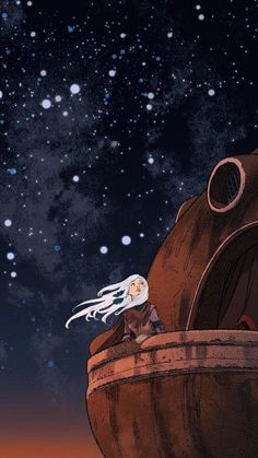 an animated image of a man sitting in a barrel looking up at the sky and stars