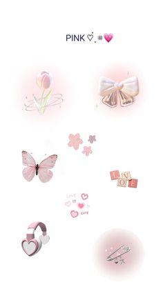 pink wallpaper with hearts, flowers and other things on the white background that says pink