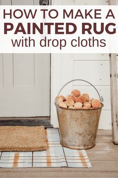 a bucket filled with potatoes sitting on top of a wooden floor next to a door