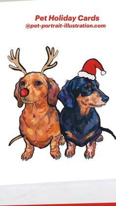 a card with two dogs wearing christmas hats