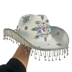 Our Cowgirl Hats are a stylish addition to your rave wardrobe, and come in Pink & White Flames, Black and Red Flames, Black Gems, and White Gems to match any outfit! Rodeo Themed Party, Western Editorial, White Flames, Western Chic Fashion, Sombrero Cowboy, Hats Ideas, Abbey Bominable, Red Flames, Silver Jubilee