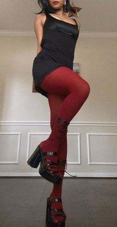 Skirt And Legwarmers Outfit, Spring Tights Outfit, Plus Size Performance Outfits, Opaque Tights With Dress, Valentines Club Outfit, Black Dress With Red Tights, Outfit With Colored Tights, Colorful Tights Aesthetic, Black Outfit With Red Accessories