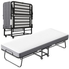 a bed frame with a mattress attached to it and another one on the ground next to it