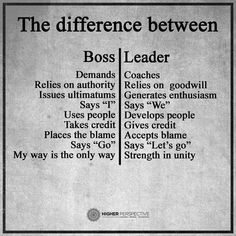 the differences between boss and leader are shown in black and white, as well as text