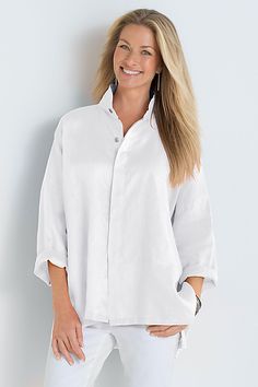 white Modern Tops With Pockets For Daywear, Modern Stand Collar Tops For Workwear, Elegant Tops With Pockets And Shirttail Hem, Elegant Tops With Pockets And Fold-down Collar, Elegant Shirt With Pockets And Shirttail Hem, Workwear Shirt With Stand Collar And Pockets, Workwear Shirt With Pockets And Stand Collar, Lab Coats, Artful Home