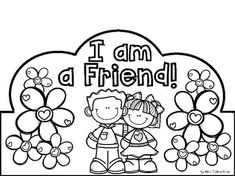 i am a friend coloring page with two children in the background and balloons around them