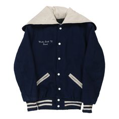 Vintage navy Conrad Weiser Neff Varsity Jacket - mens small Collegiate Outerwear With Ribbed Cuffs For School, Collegiate Cotton Varsity Jacket For Winter, Collegiate Winter Outerwear For School, Collegiate Cotton Hooded Varsity Jacket, Hooded Cotton Collegiate Varsity Jacket, Collegiate Style Hooded Cotton Varsity Jacket, Collegiate Varsity Jacket With Ribbed Collar, Collegiate Varsity Jacket With Ribbed Collar For Streetwear, Collegiate Varsity Jacket With Ribbed Collar For College