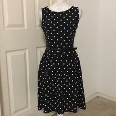 Color: Black/White 95% Polyester, 5% Spandex Concealed Back Zipper Size 4 Burst: 32” Length: 35” Tommy Hilfiger Belt, Tommy Hilfiger Black Sleeveless Dress, Linnet, A Line Dress, Tommy Hilfiger, Spandex, Polka Dots, Zipper, Womens Dresses