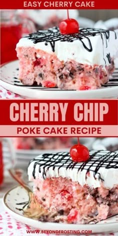 a piece of cherry chip poke cake on a plate