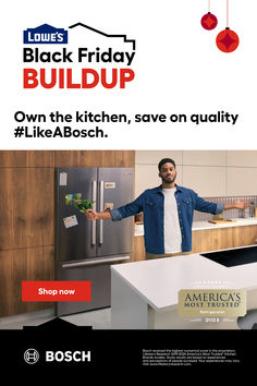 a man standing in front of a refrigerator with the words black friday buildup on it