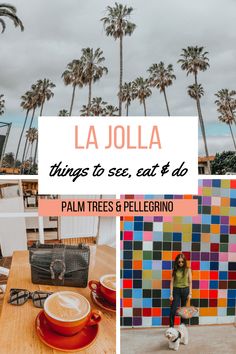 a collage of photos with palm trees and colorful tiles