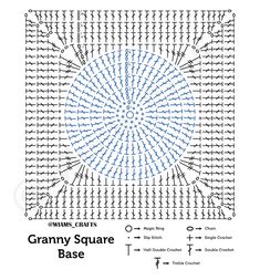 the granny square base is shown in blue and white, as well as instructions for how to