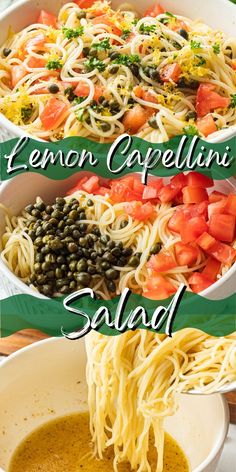 the ingredients for lemon capellin salad are shown in three separate bowls, including olives and tomatoes