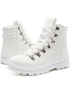 White Cool,Fashionable Collar   Plain Combat Boots,Snow Boots,Classic Boots Embellished   Women Shoes Waterproof High-top Platform Boots For Fall, Fall Moto Ankle Boots For Outdoor Activities, Fall Ankle Moto Boots For Outdoor Activities, Winter Lace-up Ankle Boots With Lug Sole, Winter Lace-up Ankle Boots With Padded Ankle, Sporty Mid-top Winter Boots, Casual White Lace-up Hiking Boots, Casual Outdoor Martin Boots, Weatherproof High-top Boots For Fall