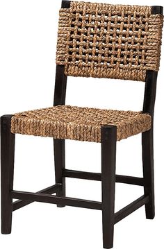 a woven chair with black frame and wood legs