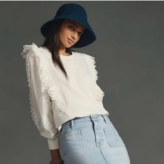 By Anthropologie Ruffle-Sleeve Top * Cotton * Pullover Styling * Machine Wash * Imported Chic Puff Sleeve Top With Ruffles For Day Out, Chic Puff Sleeve Top With Ruffle Sleeves, Casual Puff Sleeve Top With Ruffles, Casual Long Sleeve Puff Sleeve Top With Ruffles, Chic Puff Sleeve Top With Crew Neck For Spring, Casual Long Sleeve Puff Top With Ruffles, Long Sleeve Puff Top With Ruffles For Day Out, Chic Blouse With Ruffle Sleeves For Layering, Chic Fall Puff Sleeve Top With Ruffle Sleeves