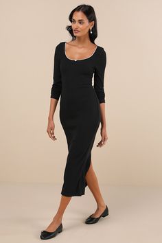 The flirty vibes that radiate from the Lulus Certainly Darling Black Ribbed Long Sleeve Midi Dress will make it the perfect pick for meeting up with your crush! Stay cute and comfortable all day long with this stretchy ribbed knit dress that features long sleeves and a scoop neckline with scalloped lace trim and a dainty rosette detail at the center. The bodycon silhouette will effortlessly flaunt your figure as it falls to a chic midi hem with a convenient kick pleat at the back. Fit: This garm Non-stretch Long Sleeve Midi Dress For Date Night, Chic Long Sleeve Ribbed Midi Dress, Black Ribbed Long Sleeve Midi Dress, Black Midi Dress With Long Sleeves, Non-stretch, Elegant Black Ribbed Sweater Dress, Kick Pleat, Ribbed Knit Dress, Your Crush, Scalloped Lace