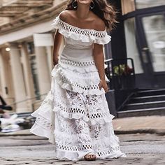 Lace Embellished A-Line Maxi Gown for Ladies – insbyr Shoulder Decoration, Stitching Dresses, Womens Long Dresses, White Boho Dress, Lace Dress Vintage, Grace Loves Lace, Vestidos Vintage, Summer Party Dress, Print Dresses