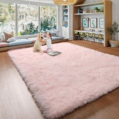 a dog sitting on top of a pink rug in a living room next to a window