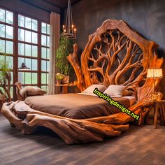 a bed made out of tree trunks in a room with wood flooring and windows