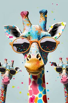 two giraffes wearing sunglasses and standing next to each other in front of a blue background