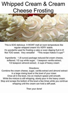 the recipe for whipped cream and cream cheese frosting is shown in this page,