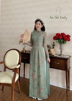 🌻This Set includes 1 long dress and 1 pants and 1 headband 🌻 The measurement of this ao dai (long dress) is in Vietnamese size (American size tends to be bigger for the same size). Please LOOK AT THE SIZE CHART CAREFULLY BEFORE ORDERING. There might have some chalk writings on the fabric due to making process. These marks can be washed away easily. 🌻🌻No returns or exchanges Buyer can contact seller about any issues with an order. 💜 Thank you very much!💜 Traditional Ao Dai For Spring Party, Floor-length Ao Dai For Ceremonies, Spring Party Traditional Ao Dai, Green Ao Dai For Spring Wedding, Spring Wedding Green Ao Dai, Spring Ceremonial Fitted Dress, Spring Ceremony Fitted Ao Dai, Fitted Floor-length Ao Dai For Ceremony, Traditional Floor-length Ao Dai For Party