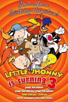 an orange birthday party flyer with cartoon characters on the front and bottom, which reads little hon