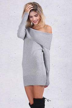 Material: Acrylic, SpandexSilhouette: SheathDresses Length: Above Knee, MiniSleeve Style: Off ShoulderWaistline: NaturalNeckline: Slash Neck SKU: 1145917 Mini Sweater, Knitted Bodycon Dress, White Short Dress, Mini Sweater Dress, Warm Outfits, Jumper Dress, Above Knee, Gray Dress, Dress First