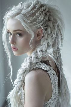 hairstyle Very Long Hair Hairstyles, White Hair Hairstyles, White Hair Braids, Fantasy Hair Styles, Braid Hacks, Fantasy Hairstyles, Viking Braids, Unique Braids, Long White Hair