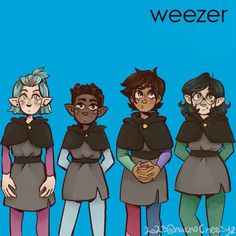 four people standing next to each other in front of a blue background with the words weezer on it