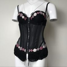 My Cute And Sexy Black Corset Bustier With Fringe, Lace Up Back And Some Floral Embroidery 6/18/19 Pink Underwire Corset With Built-in Bra, Pink Corset With Built-in Bra For Night Out, Fitted Pink Bra For Night Out, Pink Corset With Built-in Bra And Underwire Support, Pink Fitted Underwire Corset, Black Coquette Underwire Corset, Black Underwire Coquette Corset, Pink Party Corset With Built-in Bra, Black Coquette Style Corset With Underwire