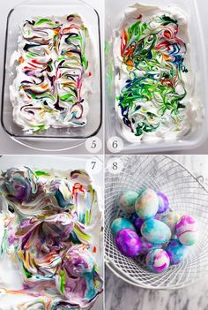 four pictures showing how to dye easter eggs in the process of painting them with white, green, and blue colors