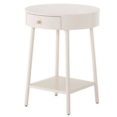 a small white table with two drawers on one side and an open drawer on the other