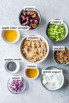 the ingredients for an apple cider vinegar salad laid out in bowls