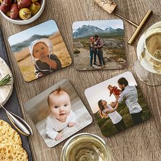 several coasters with pictures of people and food on them next to a glass of wine