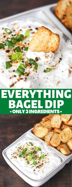 an advertisement for bagel dip with bread and sour cream