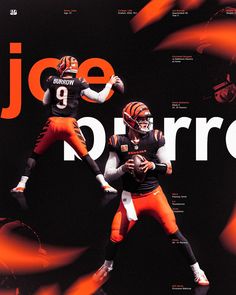 two football players are posed on the cover of sports illustrated magazine joe burrro, which features an orange and black background