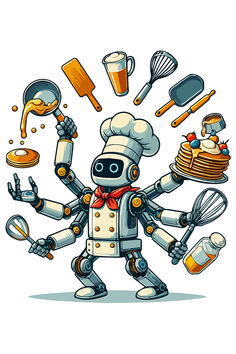 Busy Robot Chef Mechanical Arm, Dynamic Design, Juggling, Kitchen Utensils, Pancakes, Vector Illustration, Chef, Bring It On, Funny