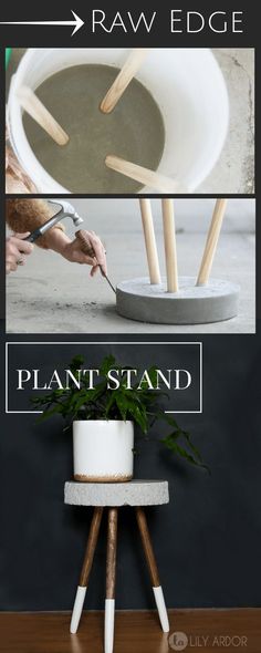 an advertisement for a plant stand that is made from concrete and has wooden sticks sticking out of it