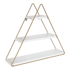 three tiered shelf with white shelves and gold metal frame, each holding two different items