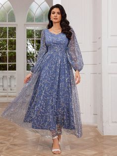 Women Prom Dresses Elegant Semi Formal Wedding Guest Dress, For Birthday, Graduation, Homecoming Dusty Blue Party  Long Sleeve Knitted Fabric All Over Print A Line Non-Stretch Winter,Spring/Summer/Fall Weddings & Events, size features are:Bust: ,Length: ,Sleeve Length: Modest Gala Dresses Elegant, Formal Modest Dress, Modest Prom Dresses Muslim, Gala Dresses Elegant, Women Prom Dresses, Dusty Blue Dress, Modest Formal Dresses, Semi Formal Wedding, Formal Wedding Guest Dress