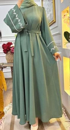 absolutely beautiful. so breathable and the material is amazing Abaya Belt Design, Abaya Embroidery Design Simple, Casual Abaya Designs, Modest Abaya Designs, Embroidery Abaya Design, Abaya Dress Design, Pretty Abayas, Long Maxi Dress Outfits, Abaya Look