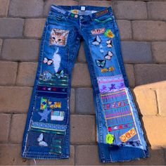 One Of A Kind Up, Cycled Patched Embroidered Very Cool Pair Of Flared Leg Lucky Brand Lil Maggie Denim Jeans These Took Over 13 Hours To Create This One Of A Kind Design These Are A Size 8 Inseam Is 29 3/4” These Are A Low Cut Jean That Has Two Button Closure And Extra Buttons If You Want To Cinch In The Top These Are Comprised Of Patches I Made And Fabrics New, And Old That I Have Gathered For A Long Time They Can Be Machine Washed And Dried, And Have Been To Show You Final Result Recommend To Wash And Dry In Inside Out For Best Results Price Is Firm Monies From The Sale, Go To Rescue Dogs And Cats In Our Area. We Are Not A 5013c Just A Group Of Multicolor Denim Patchwork Pants, Blue Patchwork Cotton Jeans, Blue Cotton Patchwork Jeans, Multicolor Patchwork Denim Pants, Blue Recycled Denim Bottoms With Patchwork, Blue Patchwork Relaxed Fit Jeans, Multicolor Patched Cotton Jeans, Upcycled Blue Bottoms For Spring, Mid-rise Blue Cotton Flare Jeans