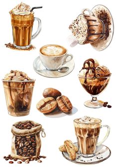 coffee and desserts are depicted in this watercolor painting